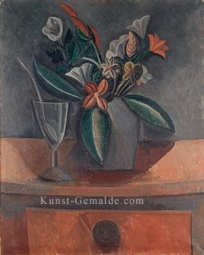 Vase von Blumen Glas Wein und Löffel 1908 kubistisch Ölgemälde
